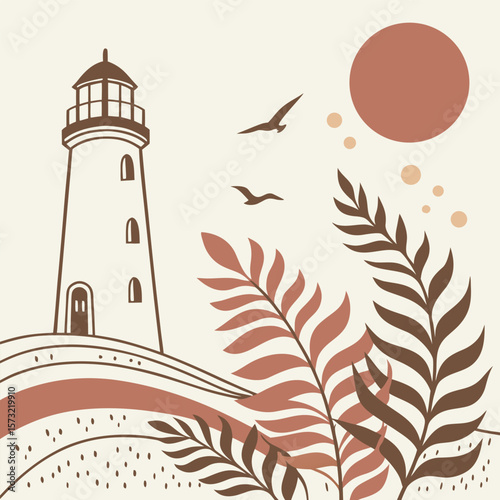 An abstract vector wallpaper with soft organic blobs illustration of a lighthouse in the background