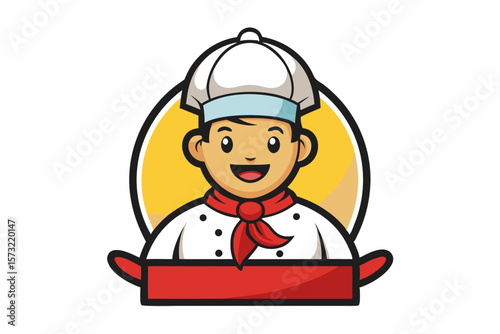 Happy chef with red scarf and white hat cooking food