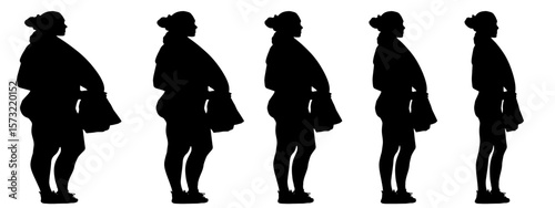 Conceptual fat overweight obese female vs slim fit healthy body after weight loss or diet on white background banner. A  fitness, nutrition or obesity, health shape illustration vector as silhouettes