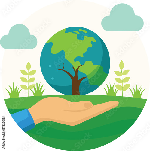 Hand cradling the earth with a tree and plants
