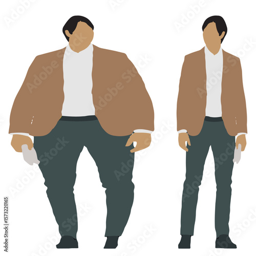 Conceptual fat overweight obese man vs slim fit healthy body after weight loss or diet, white background. A  fitness, nutrition or obesity, health care shape illustration vector as silhouettes