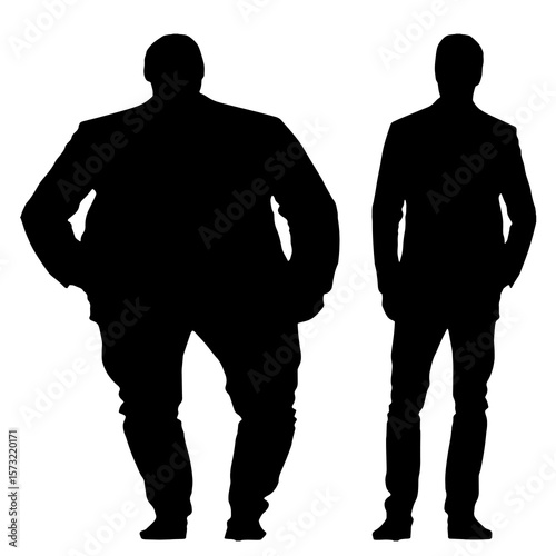 Conceptual fat overweight obese man vs slim fit healthy body after weight loss or diet, white background. A  fitness, nutrition or obesity, health care shape illustration vector as silhouettes