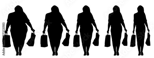 Conceptual fat overweight obese female vs slim fit healthy body after weight loss or diet on white background banner. A  fitness, nutrition or obesity, health shape illustration vector as silhouettes