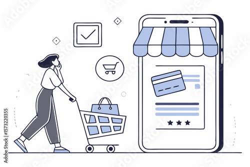 Woman pushing shopping cart near smartphone with credit card online shopping e-commerce