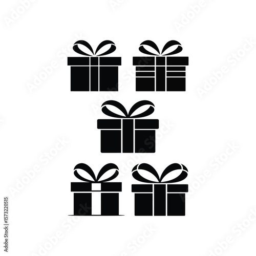 Gift Box Collection: Elegant black and white graphic of assorted gift boxes tied with bows, ideal for adding a touch of sophistication to any holiday or celebratory design.