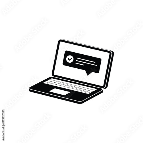 Approved Message on a Laptop: A simple, clear monochrome depiction of a laptop, displaying an approved message bubble, indicating successful communication or task completion.