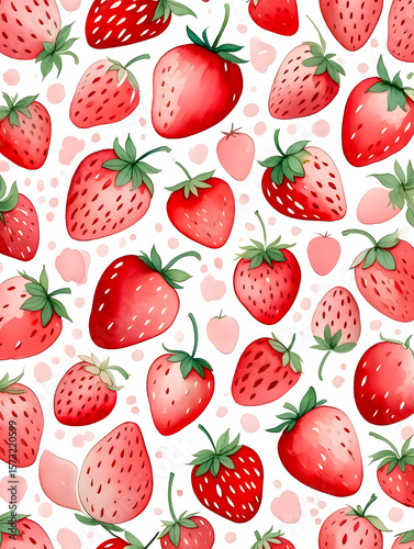 Watercolor Seamless Repeating pattern of vibrant strawberries with check and polka dots Background for Notebook Cover Textile Clothes Print.