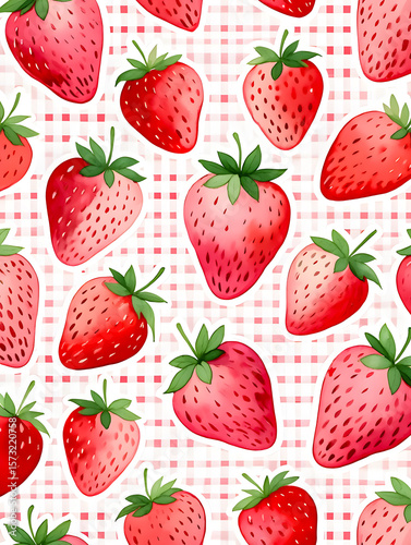 Watercolor Seamless Repeating pattern of vibrant strawberries with check and polka dots Background for Notebook Cover Textile Clothes Print.