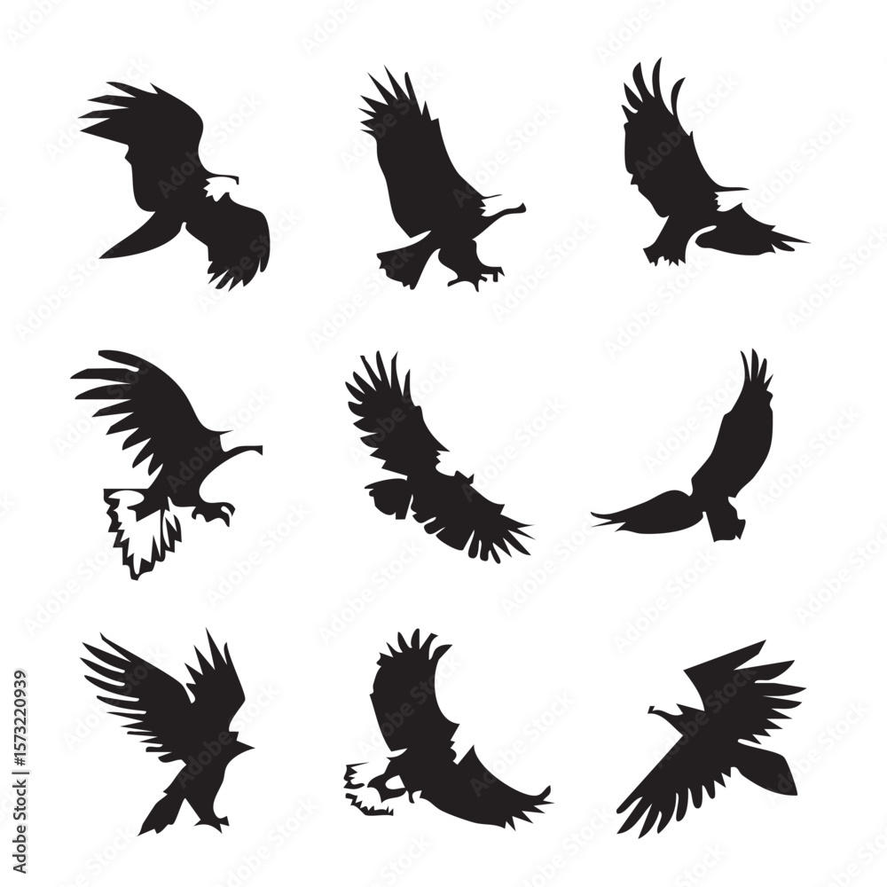 Fototapeta premium Soaring Eagle Silhouette: A striking collection of eagles in mid-flight, each rendered in elegant silhouette against a clean background.