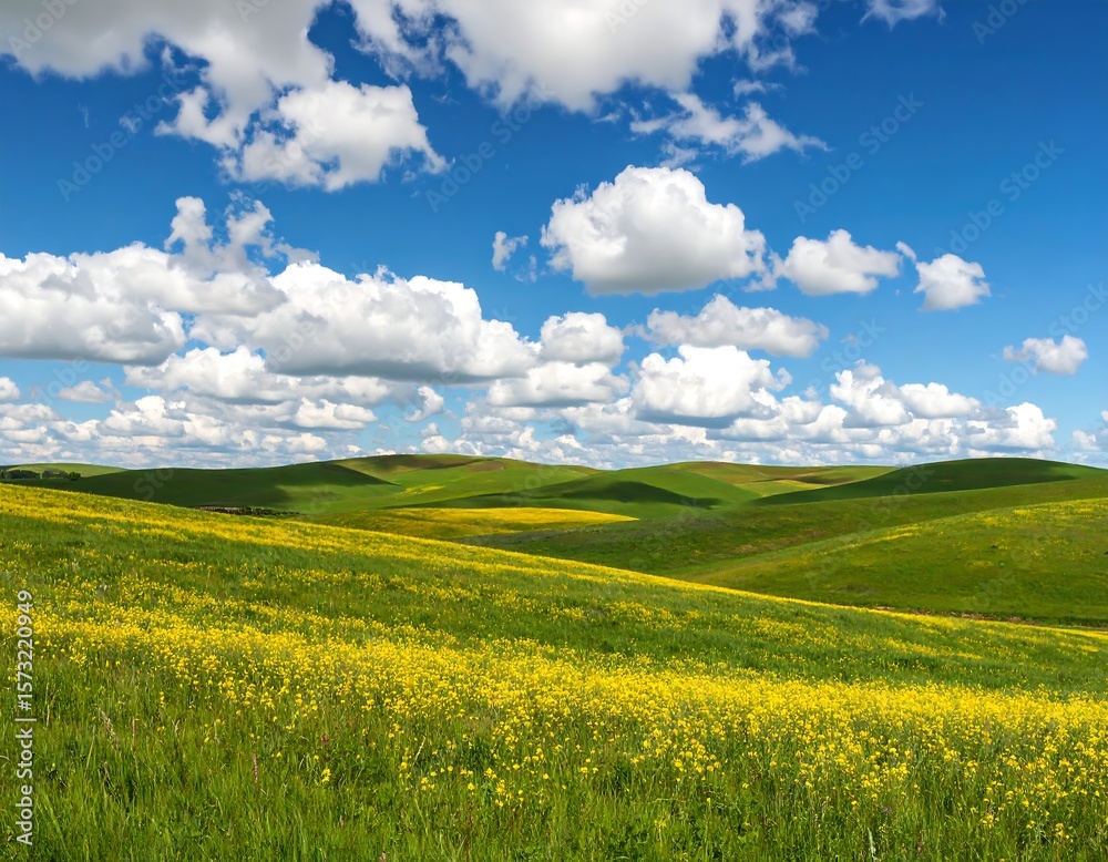 Fototapeta premium Rolling hills covered in wildflowers under a vibrant sky