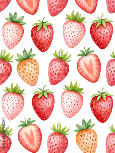 Watercolor Seamless Repeating pattern of vibrant strawberries with check and polka dots Background for Notebook Cover Textile Clothes Print.