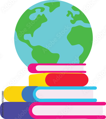 Colorful stack of books underneath a stylized globe