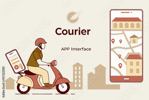 Courier on scooter with map app interface delivery mobile app