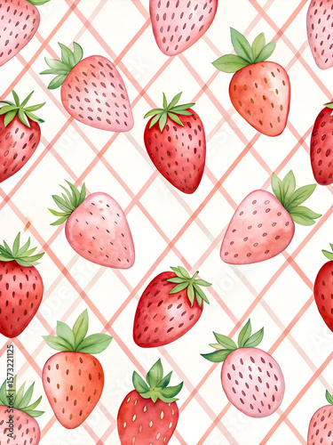 Watercolor Seamless Repeating pattern of vibrant strawberries with check and polka dots Background for Notebook Cover Textile Clothes Print.