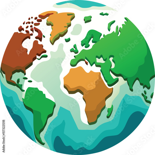 Stylized isometric globe with continents and oceans