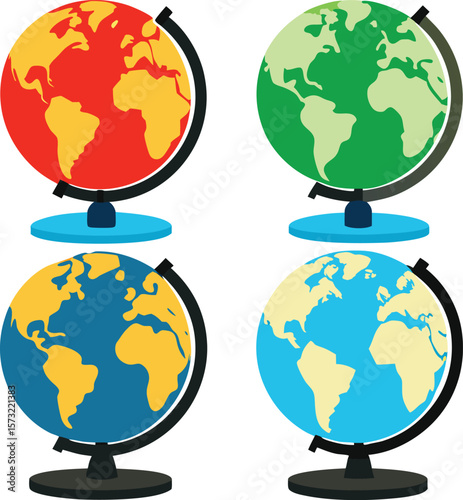 Four colorful globes representing different continents and oceans