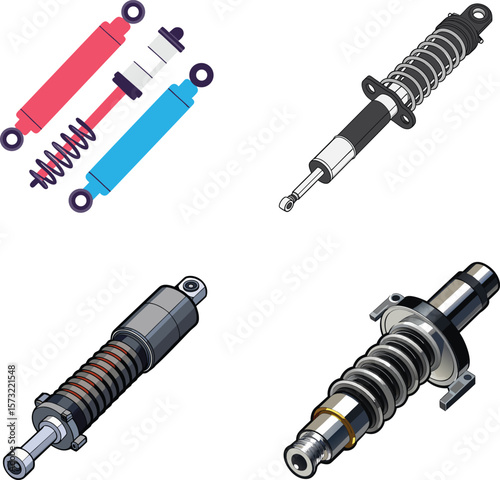 3D Vector Car Shock Absorber with Coil Spring and Strut Assembly. 