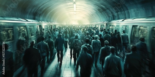 Crowd of people vanishing into subway tunnels