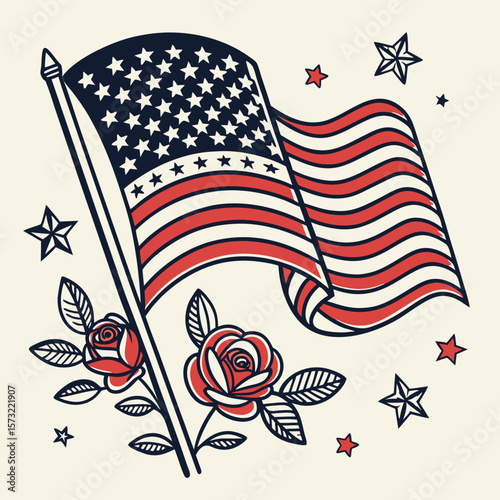 Vector art in American Traditional tattoo style featuring a waving U.S. flag with bold black outlines flat red white and blue tones optional decorative elements like roses or stars vintage classic