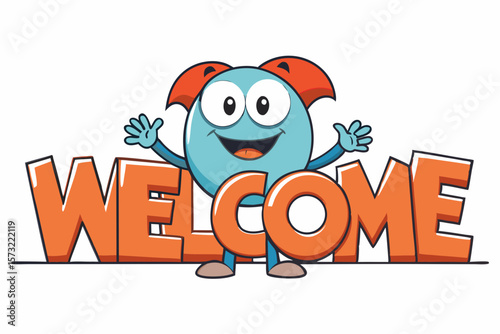 Cheerful blue character waves beside orange welcome text greeting cartoon