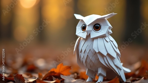 White owl made from folded white paper. The background is an autumn forest.