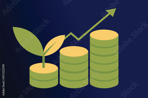 Stylized illustration of stacked gold coins with an upward trending arrow indicating financial growth and positive economic performance