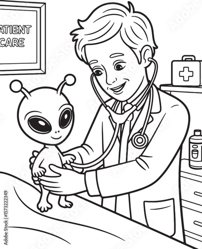 a doctor treats an alien line art design illustration premium quality