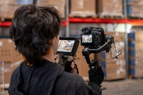 Primer plano de joven con cámara en mano y monitor digital filmando secuencia en fábrica	