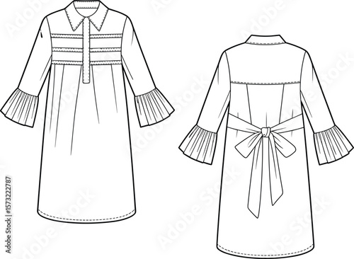 Women's fashion black and white outline vector illustration of a stylish pleated sleeve dress with a collar and back tie, ideal for a chic and comfortable everyday look, a must-have for modern style.