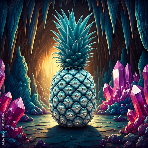 A diamond pineapple in a fantasy cave filled with crystals, gems, and glowing stalactites