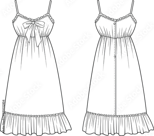 Elegant women's fashion black and white outline vector illustration of a long nightgown with delicate ruffles and a charming bow detail, perfect for comfortable and stylish loungewear, a must-have.