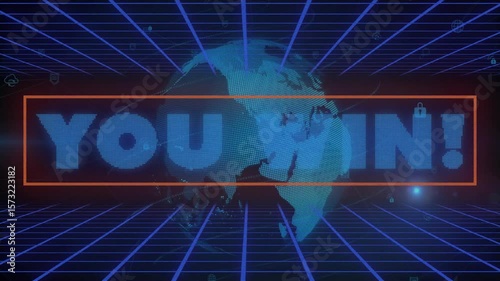 Grid pulsing globe rotating with YOU WIN letters fading, orange outline pulsing celebrating victory
