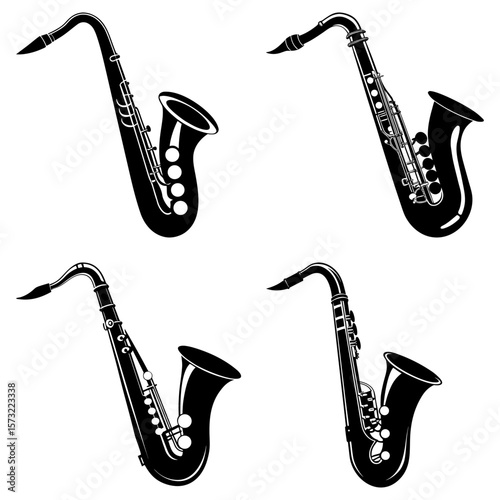 Four black and white saxophone illustrations in a grid pattern on a white background design art