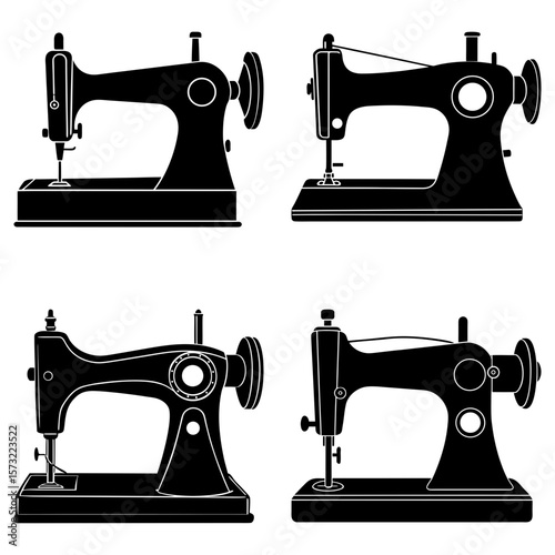 Four vintage sewing machines in black silhouette with different designs and details on a white background