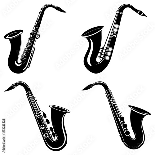 Four black and white saxophone musical instruments displayed on a white isolated background in vector format