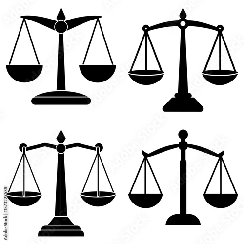 Four different black scales of justice illustrations on a white background variation set design