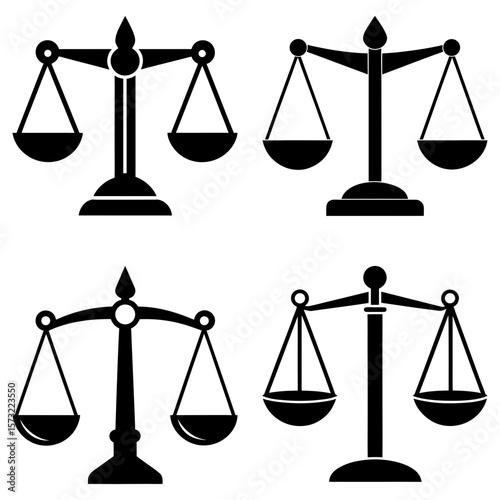 Four black scales of justice illustrations arranged in a grid pattern against a white background image view