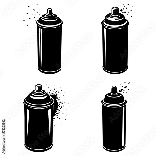 Four black and white spray paint cans with spray effect in varied positions on a white background