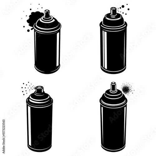 Four black and white spray paint cans with spray effects in a vector illustration format image style