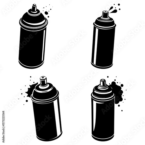 Illustration of four black spray paint cans in various states of use on a white background surface