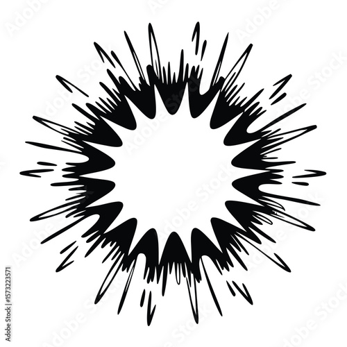 Vector circle frame with jagged speed lines radiating outward like a comic book impact burst black and white ink style drawing with irregular line lengths and bold edges
