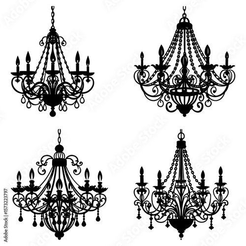 Four ornate chandeliers with multiple arms and candle style lights in silhouette against a white background