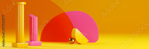 Kid friendly display podium scene with color columns, orange glass and yellow glossy arches, golden sphere on bright gradient background. Playful 3d composition for children product showcase design.