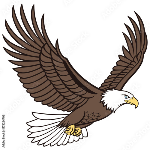 Vector illustration of a bald eagle soaring with wings fully spread detailed feathers and sharp talons bold outlines with natural color tones  white head brown body and yellow beak  dynamic pose