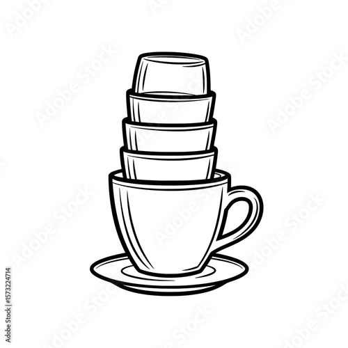 Stacked Ceramic Teacups on Saucer Crisp Line Art Vector
