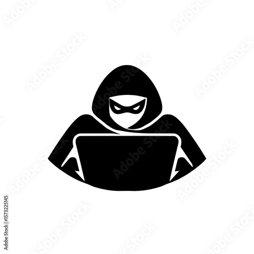 Hooded Hacker at Laptop Cybersecurity Icon Vector
