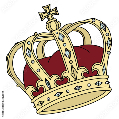 Vector illustration of a traditional royal crown with detailed gold structure red velvet interior and gemstone accents symmetrical and ornate design with clean outlines and flat colors