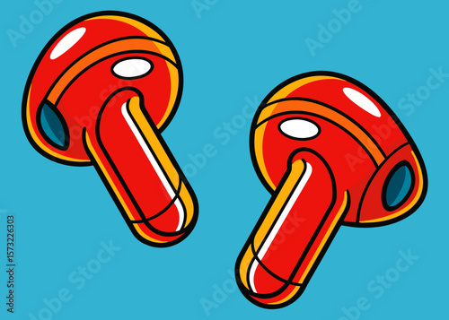 Vibrant Red Wireless Earbuds on Bright Blue Background for Electronic Product Showcases, Music Blogs, Tech Reviews, Online Stores, and Digital Media Content  