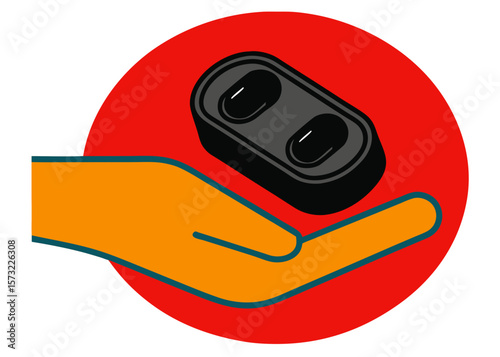 Hand Holding Wireless Earbuds Case on Red Background for Technology Blogs, Gadget Reviews, Audio Accessories, Digital Lifestyle Websites, and Social Media Content  