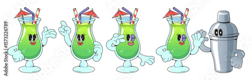 Groovy cocktail mascot set - green tropical drink with umbrella in animated poses waving hand and pointing, showing peace gestures and giving high five to metal shaker character for retro summer party